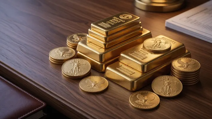 IRS-approved gold bullion bars and American Eagle coins for a gold IRA